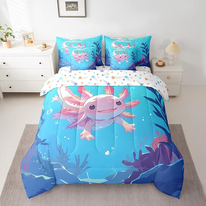 Feelyou Kids Cute Axolotl Bed in A Bag King Size, Cartoon Salamander Comforter Set with Sheets Ocean Sealife 7 Pieces Bedding Set Boys Girls Kawaii Animal Teens Bed Set Bedroom Decor 7Pcs