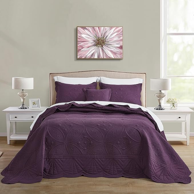 Oversized Bedspread - Queen Size Bedding Cover - Modern & Contemporary Coverlet Set, Real Stitching, Reversible, Lightweight, 5 Piece, Purple