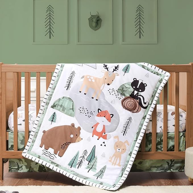The Peanutshell 3 Piece Baby Crib Bedding Set for Boys - Newborn, Infant & Toddler Nursery Bed Set Decor with Fitted Crib Sheet, Dust Ruffle, Crib Comforter - Woodland Camo