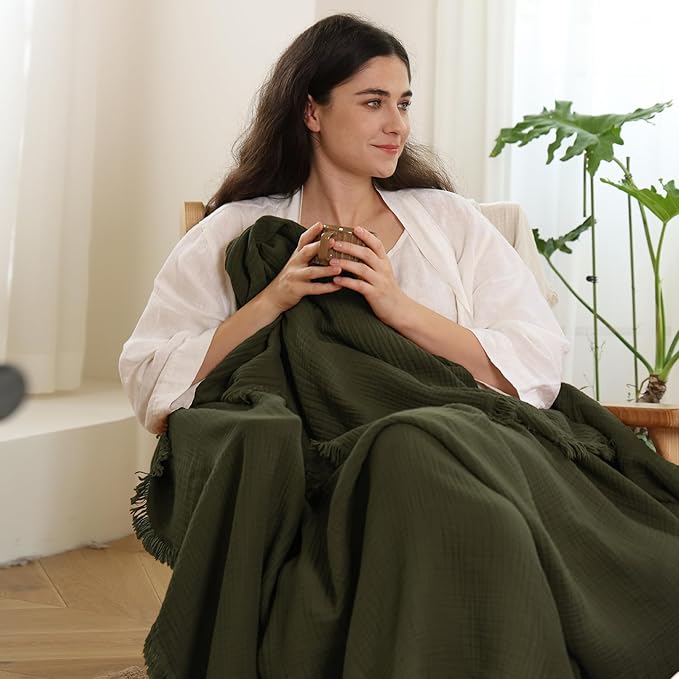 MooMee Muslin Blanket - 100% Cotton 4-Layer Gauze Throw Blanket with Tassels Ultra-Soft Breathable Lightweight Cooling for Bed Couch (Olive Green,Oversizedd Queen 98" x 98")