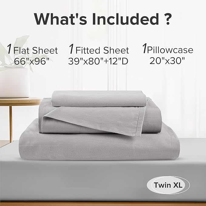 Comfort Spaces 100% Cotton Sheet Set Breathable, Lightweight, Soft with 12" Elastic Pocket Fits up to 14" Mattress, All Season Cozy Bedding, Matching Pillow Case, Twin XL Grey 3 Piece