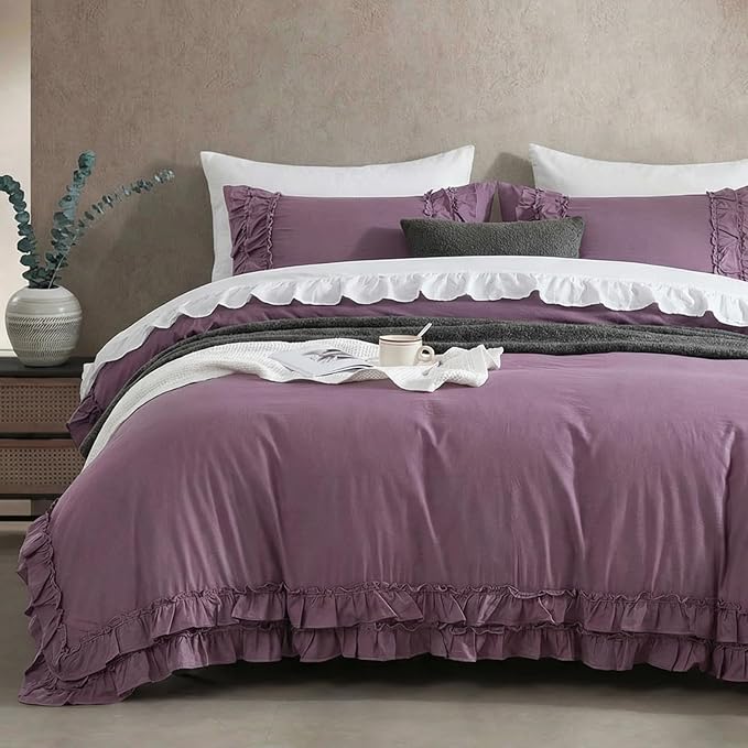 Bedorm Twin Duvet Cover Set Purple Ruffle Bedding Set Pleat Ruffled Shabby Chic Comforter Cover Extra Soft & Easy Care Farmhouse Boho Duvet Cover with Zipper Closure