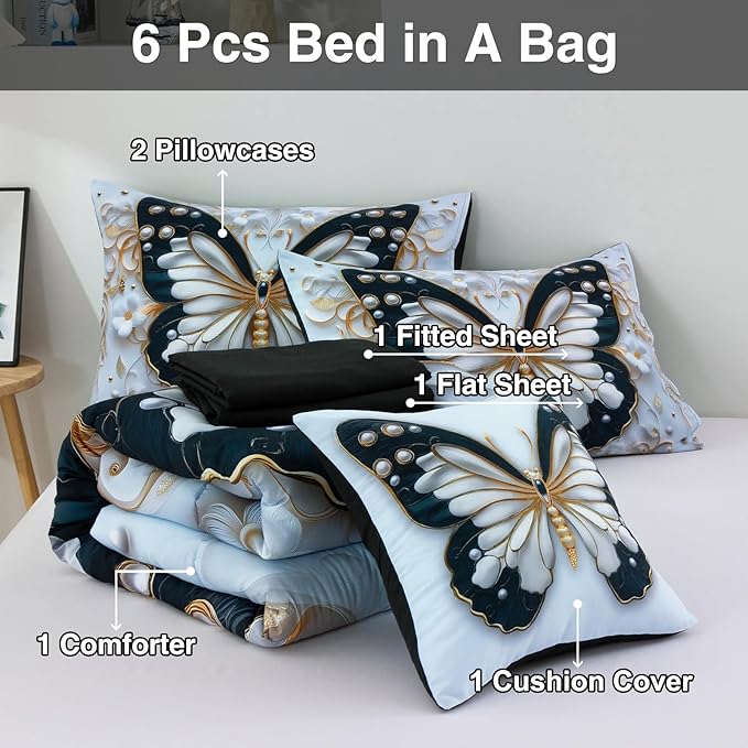 A Nice Night Full 6pcs Bed in A Bag Black and Glod Dreamy 3D Butterfly Pearl Flower Design, Butterflies Printed Bedding Full Comforter Set, for Girls Kids Teens