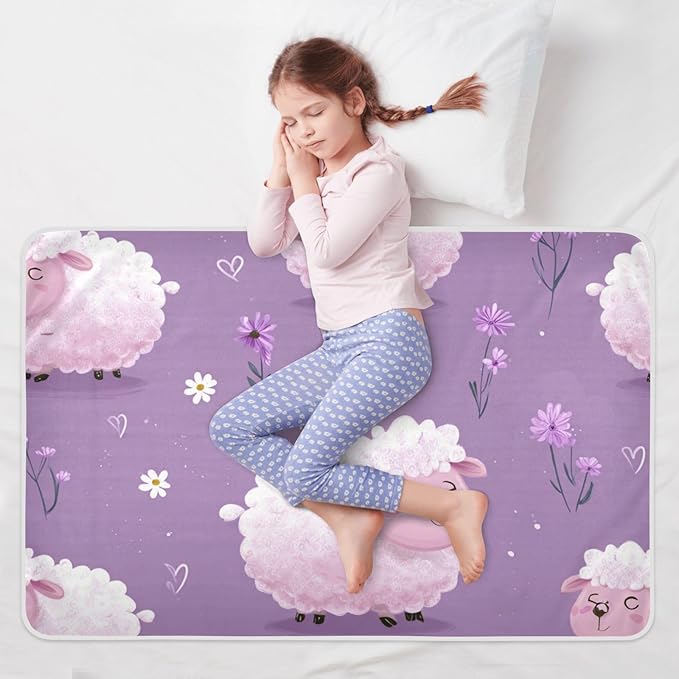 Waterproof Bed Pad Reusable Changing Pad Toddler Mattress Protector Large Pee Pad Baby Diaper Pad Soft Washable Liner Cute Purple Floral Sheep