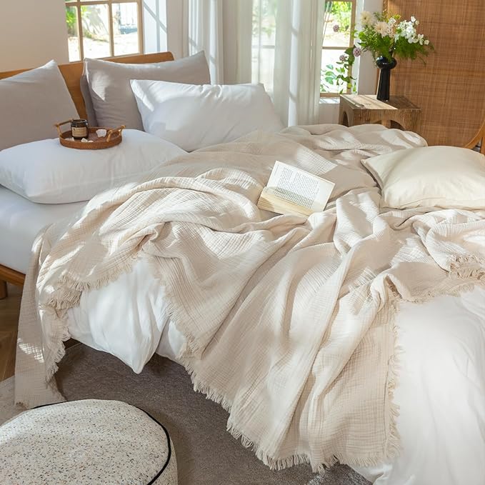 MooMee Muslin Blanket - 100% Cotton 4-Layer Gauze Throw Blanket with All-Around Fringe, Ultra-Soft Breathable Lightweight Cooling Decorative for Bed, Sofa & Couch (Beige,King 104" x 90")
