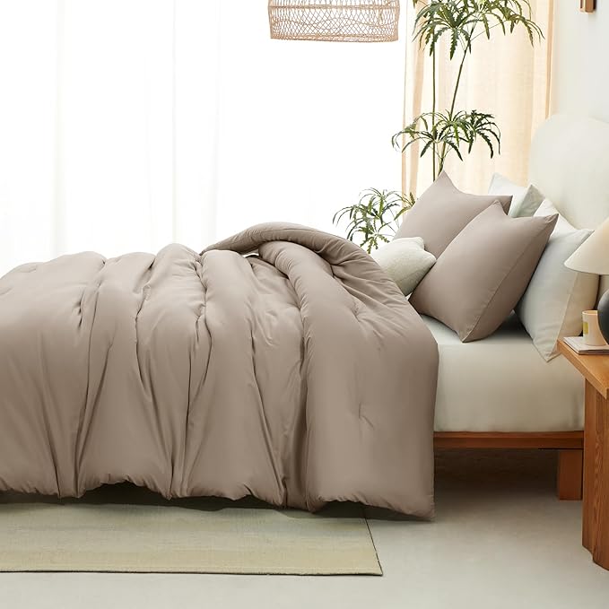 CozyLux King Size Comforter Set Khaki, 3 Pieces Solid Comforters King Size Breathable Quilted Style Bedding Set, Luxury Soft Bed Set with Down Alternative Comforter (1 Comforter & 2 Pillowcases)