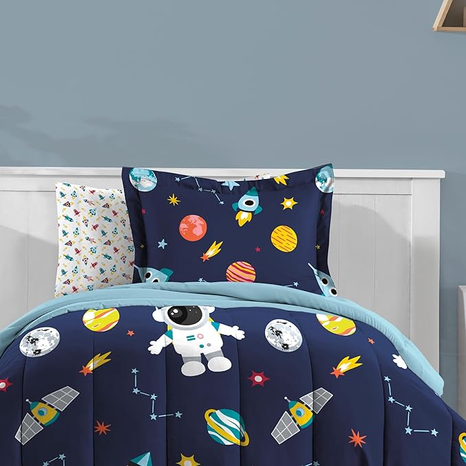 Dream Factory Kids 5-Piece Complete Bed Set Easy-Wash Super Soft Microfiber Comforter Bedding, Twin, Blue Space Galaxy