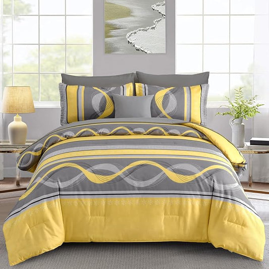 Anibedding Yellow Comforter Set King Size,8 Pieces Bed in a Bag Patchwork Striped Bedding Sets,Boho Soft Microfiber Bedding Set for All Season(104"×90")