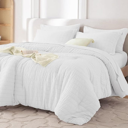 MUXHOMO 5 Pieces Twin Comforter Set, Seersucker Bed in a Bag Twin Size, All Season Luxury Bedding Set with Comforter, Flat Sheet, Fitted Sheet, Pillowcase & Sham, White