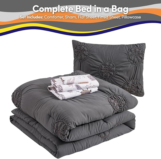 Basketball Pintuck Comforter Set Twin Size – Bed in a Bag with Sheets, Pillowcases & Shams – Soft Stylish Sports Bedding – All Season Boy’s Basketball Bed Set