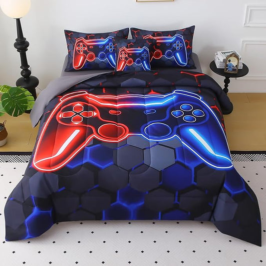 JQinHome Full Gaming Bedding Set 6-Piece Comforter for Kids Teens - 3D Video Game Console Print Bed in a Bag with Ultra-Soft Fluffy Sheets, Red-Blue Unisex Design (Full)