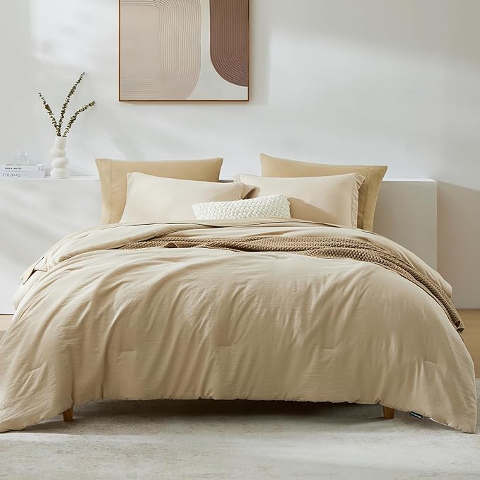 WRENSONGE Twin Comforter Set- 5 Pieces Beige, All Season Twin XL Bedding Sets with 1 Fitted Sheet, 1 Flat Sheet, 1 Pillow Sham and 1 Pillowcase