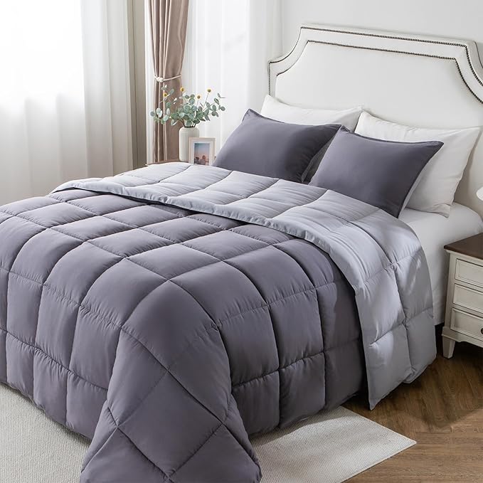 KASENTEX California King Comforter Set – Reversible Dual Color – Goose Down Alternative – Ultra-Soft, Lightweight, Machine Washable, Maintain Fluffiness, All Season Warmth (Quartz Silver/Pebble Grey)