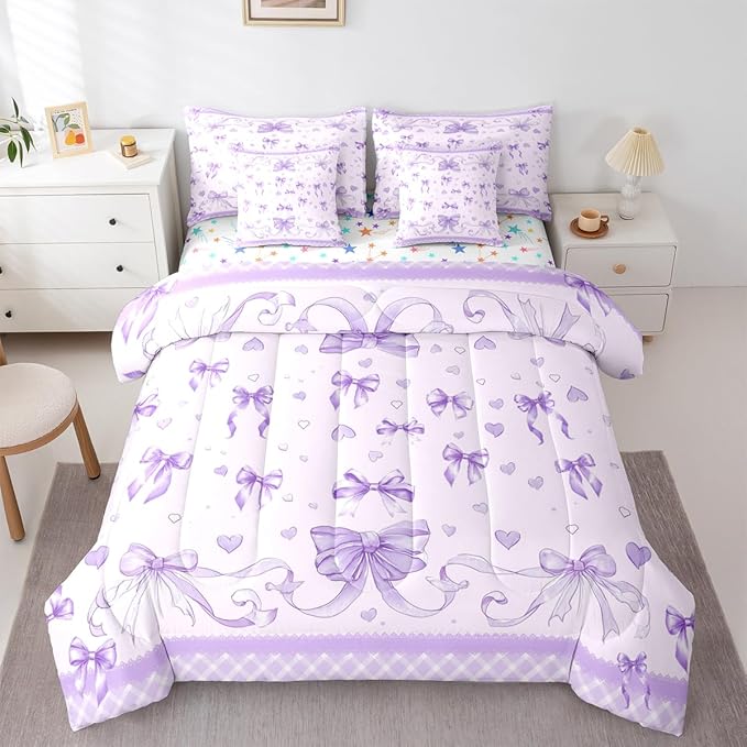 Feelyou Bowknot Comforter Set with Sheets 7 Piece Twin Size Dreamy Princess Bedding Set for Kids Boys Girls Cute Bow Bed in a Bag Love Hearts Room Decor Soft Lightweight Microfiber