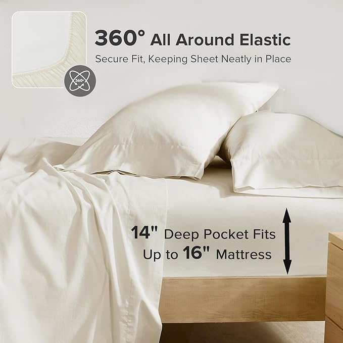 Comfort Spaces 100% Cotton Sheets Full, Breathable & Ultra Soft Cotton Sheets, Naturally Cool Cotton Bed Sheets with 14" Elastic Pocket Fits up to 16" Mattress, All Season Sheet Set, Ivory 4 Piece
