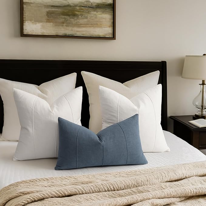 Decorative Linen Throw Pillow Covers 20x20 Set of 2 Solid handcrafted Striped Cushion Covers for Bed Soft Modern Farmhouse Neutral Pillowcase for Couch Bedroom Living Room Home Decor(Cream White)