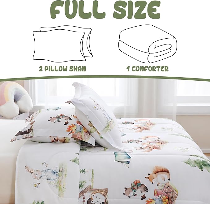 Yibeizi Camper Themed Comforter Set Full Size, Kids Woodland Animals Printed Bedding Set with Pillow Sham, Cute Lightweight Soft Breathable Machine Washable Quilted Bed Comforter Set 3 Piece