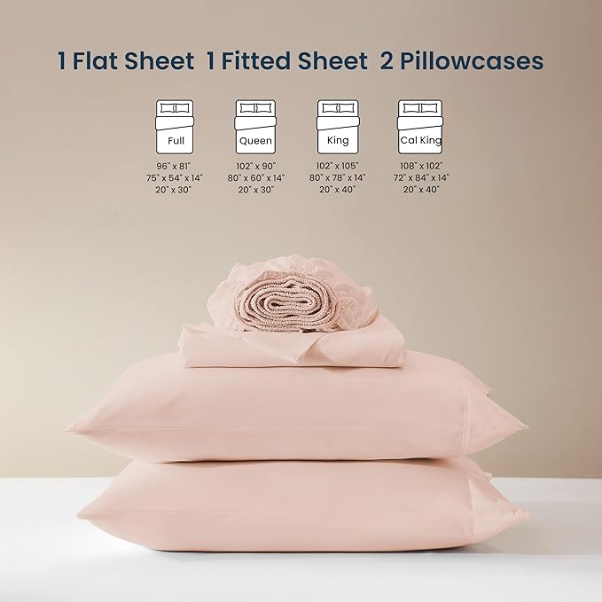 SLEEP ZONE Nanotex Super Soft Cooling Full Bed Sheets Set for Kids 3 Piece - Easy Care Fitted Flat Sheet & Pillowcase Sets - Wrinkle Free,Fade Resistant,Deep Pocket 16",Rose Pink,Full