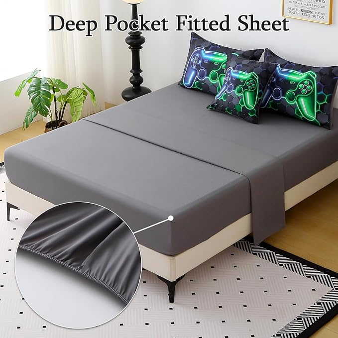 JQinHome Twin Gaming Bedding Set 6-Piece Comforter for Kids Teens - 3D Video Game Console Print Bed in a Bag with Ultra-Soft Fluffy Sheets, Blue-Green Unisex Design (Twin)