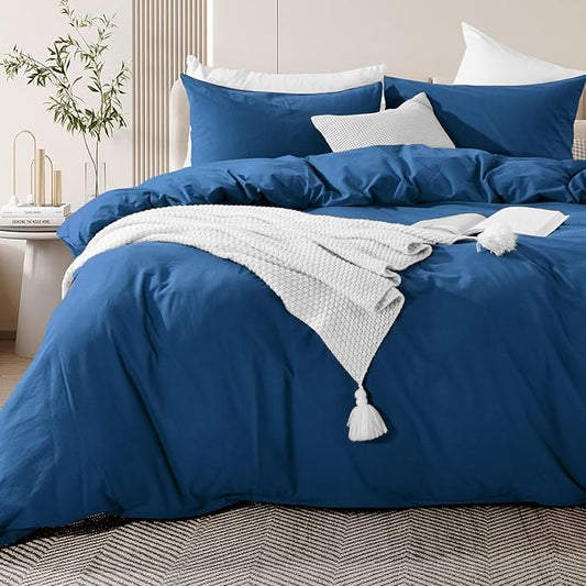 NEXHOME PRO Duvet Cover Set 100% Washed Cotton Full Size Linen Feel Textured Organic Natural 3 Pieces Bedding Set with Zipper Closure and Corner Ties, Breathable and Soft (Blue, No Comforter)