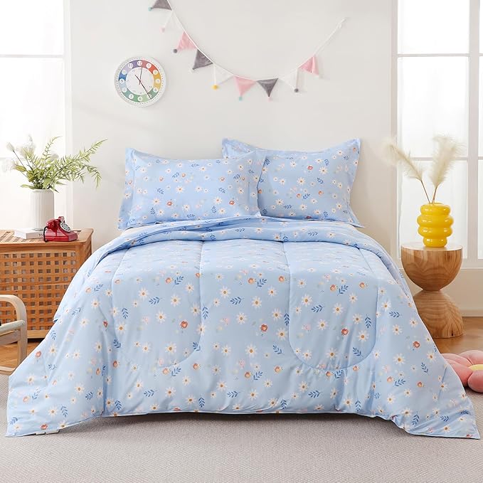 Yibeizi Blue Floral Comforter Set for Girls Full Size, Kids Cute Patterned Bedding Set with Pillow Sham, Lightweight Soft Breathable Machine Washable Quilt Bed Comforter Set 3 Piece