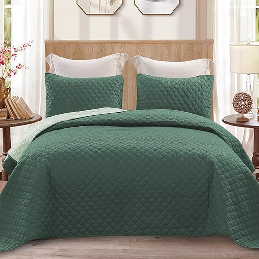 Exclusivo Mezcla Reversible King Size Quilt Bedding Set with Pillow Shams, Lightweight Quilts King Size, Soft Bedspreads Bed Coverlets for All Seasons - (Dark Green, 104"x96")