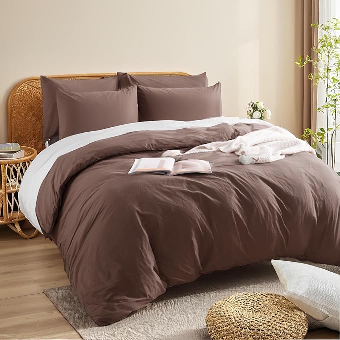 NEXHOME PRO Cal King Duvet Cover Set, 100% Certified Organic Cotton with Washed Feel & Linen-Like Texture, Comfortable & Breathable, Home Bedding Set Dark Brown (No Comforter)