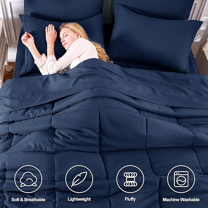CozyLux Oversized Queen Comforter Sets Navy Blue, 7 Pieces Bed in a Bag, 98x98 Box Stitched Design Bedding Set, All Season Soft Bed Set with Down Alternative Comforter, Sheets, Pillowcases & Shams
