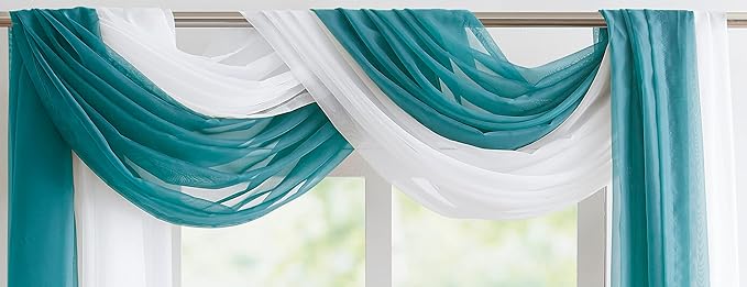Warm Home Designs Double Window Scarves Bundle. Each White & Green Teal Window Scarf Valance is 55" x 144". Great for Teal Room Decor, as Canopy Bed Curtains or Draping Fabric. AS White & Teal 144"