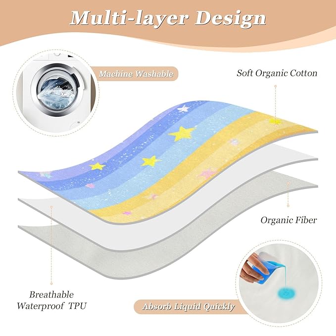 Waterproof Bed Pad Reusable Changing Pad Toddler Mattress Protector Large Pee Pad Baby Diaper Pad Soft Washable Liner Rainbow Stripes and Stars