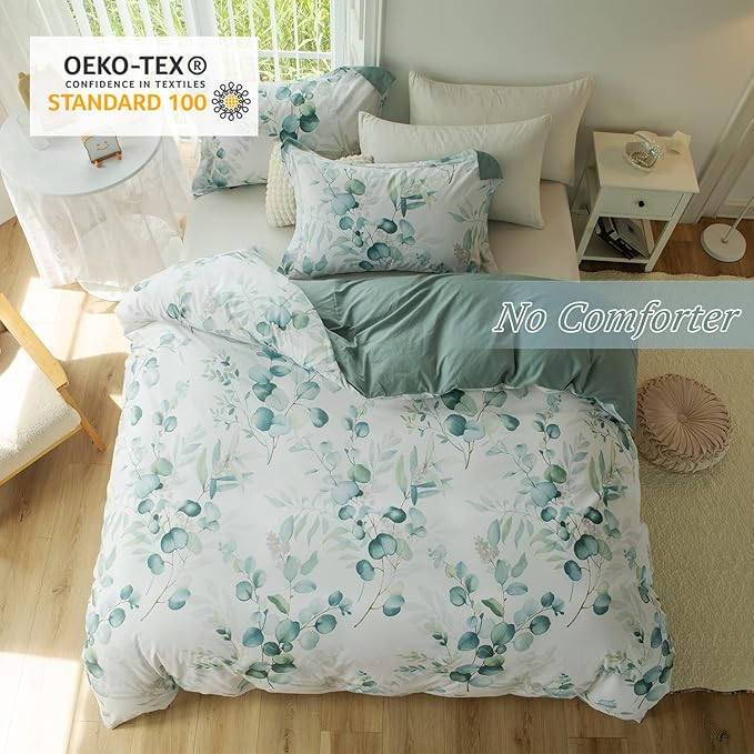 MILDLY Duvet Cover Leaf Pattern- 100% Washed Cotton Eucalyptus Printed Sage Green Comforter Cover Linen Feel Bedding Set with Zipper Closure 4 Ties Queen Size