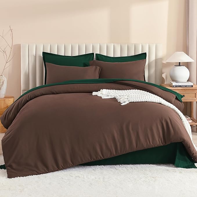 Litanika California King Comforter Sets Brown Emerald Green- 7 Pieces Bed in a Bag Beddding Sets, Solid Lightweight Bed Set with Comforter, Sheets, Pillowcases & Shams