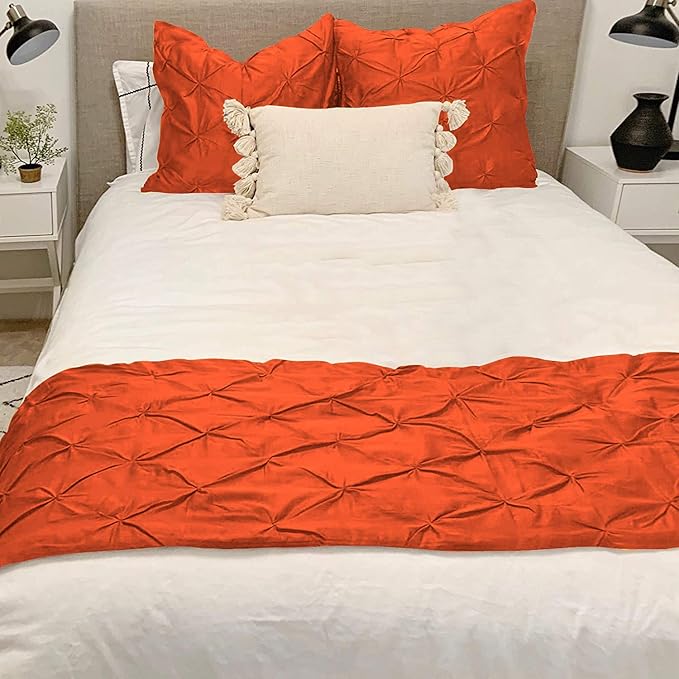 Bed Runner Set - 100% Pure Cotton 800 Thread Count - Luxury 1 Pinch Pleated Bed Runner and 2 Pillow Cover - 3 Piece Pinch Pleated Bed Runner Set Queen, Orange