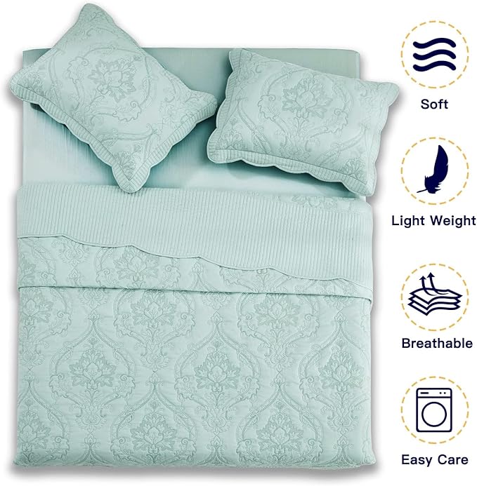 CHIXIN Oversized Bedspread Coverlet Set King Size - Lightweight Bedding Cover - Beautiful Stitching - 5 Piece Reversible Bedspread - Gorgeous Damask Paisley Pattern (King, Seaglass)