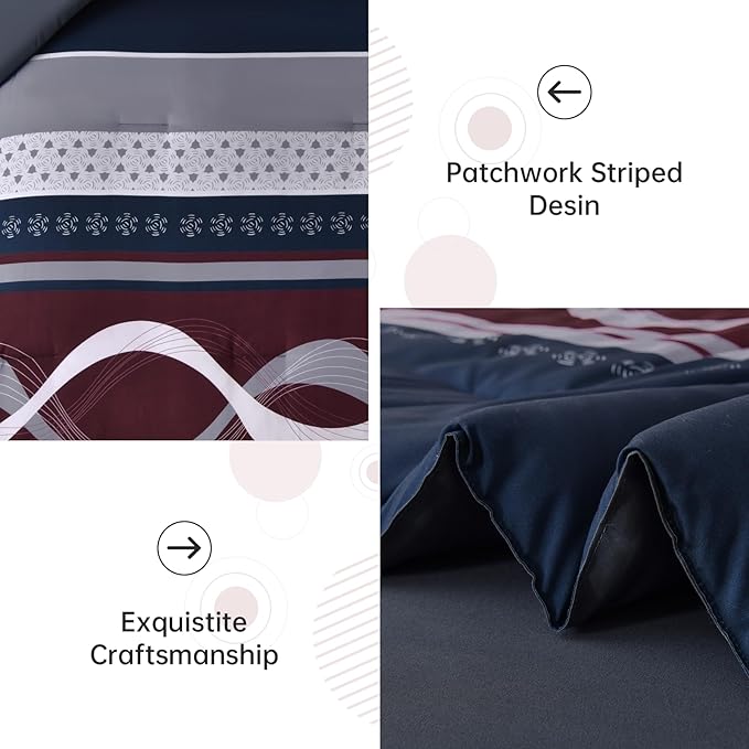 Anibedding Striped Comforter Set Queen Size,8 Pieces Bed in a Bag Blue Red Patchwork Bedding Sets,Boho Soft Microfiber Bedding Set for All Season(90"×90")