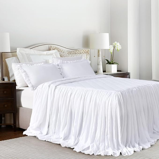 Lady Ann Queen Size Bedspread Set 3 Pcs White Washed Quilt Set, Shabby and Chic Blanket Ruffle Skirt Quilted Coverlet Farmhouse Rustic Bedding Set Lightweight