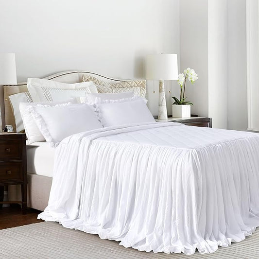Lady Ann Queen Size Bedspread Set 3 Pcs White Washed Quilt Set, Shabby and Chic Blanket Ruffle Skirt Quilted Coverlet Farmhouse Rustic Bedding Set Lightweight