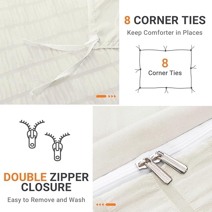HYMOKEGE Ivory Duvet Cover Full Size, Ultra Soft 3-Piece Seersucker Duvet Cover Set with Zipper Closure, Soft Brushed Microfiber Bedding Set with 8 Corner Ties (80"x90", 2 Pillowshams)