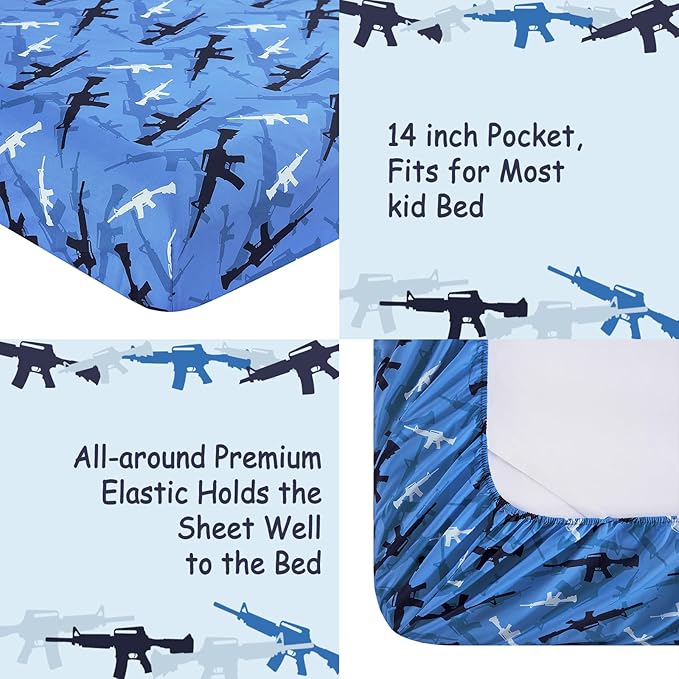 Kids Sheet Set Twin Size, Twin Sheet Set with Blue Camouflage Pattern，Breathable Silky Soft Microfiber Kids Fitted Sheet