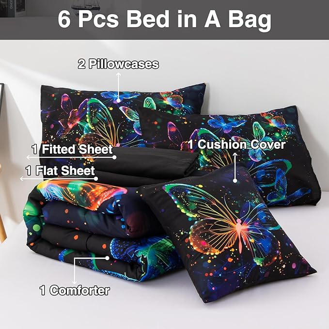 A Nice Night Galaxy Bedding Sets,3D Butterfly Flying in Space Printed,Like Glitter Butterflies 6pcs Bed in a Bag Full Comforter Set, for Girls Boys Kids Teens