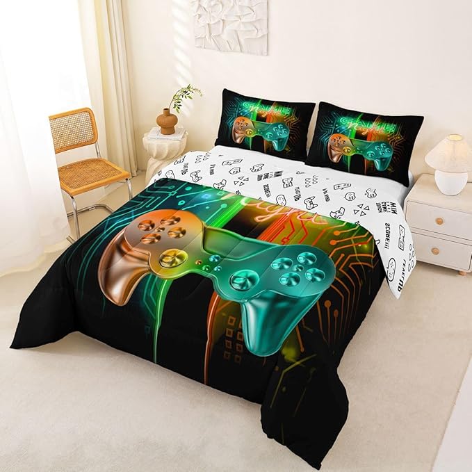 Feelyou Gamer Comforter Kids Gaming Video Game Comforter Set for Boys Teens Noverlty Modern Gamepad Bedding Set Breathable Gamer Console Bedding Duvet Set Bright Orange Green Room Decor Twin Size
