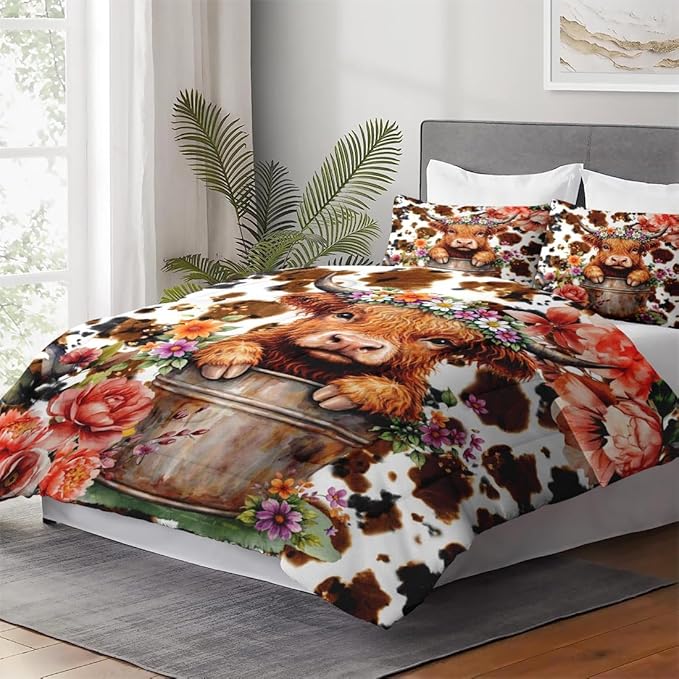 Twin Size Comforter Set with Pillowcase, Cute Happy Highland Bull 2 Pcs Bedding for Kids and Adults, Flower Cow Print Soft Comforter Set for Bedroom Bed Decor