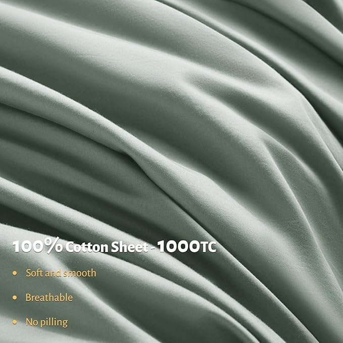 Shilucheng 100% Egyptian Cotton Sheets Set - 1000 Thread Count，Luxury Cotton Bed Sheets，Breathable & Cooling Bedding and Pillow Cases, 16 Inch Deep Pocket - 4 Piece (California King, Sea Glass)