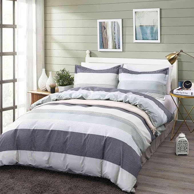 Nanko King Duvet Cover Set 3pc 104x90 Gray Mint Green Striped Pattern Printed Luxury Microfiber Comforter Quilt Bedding Cover with Zipper Closure Ties - Modern for Men and Women Chambray