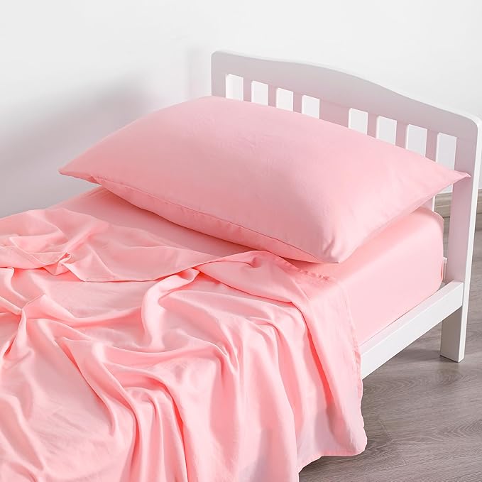 NTBAY Toddler Sheet Set - 3-Piece Microfiber Crib Sheet Set - Flat Sheet, Fitted Sheet, Pillowcase - Solid Toddler Bedding, Pink