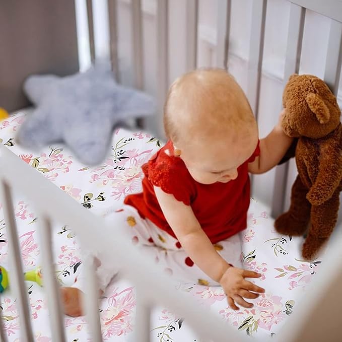Crib Sheets Girl 2 Pack Set, 2 Pack Toddler Bed Sheets Set, Floral Print Fitted Crib Sheet for Standard Crib & Toddler Mattress, Size 28 x 52 inches, Pink N Floral
