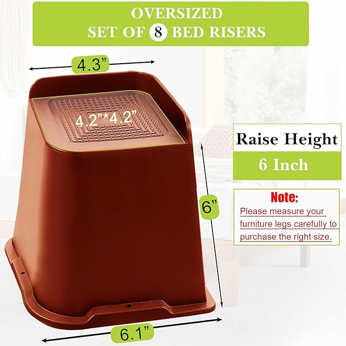 Bed Risers 1 inch, 2 inch, 3 inch, 4 inch, 6 inch, 8 inch Heavy Duty, Oversized Furniture Riser for Couch Sofa Table Chair Leg Frame Dorm, Support up to 6000 Lbs (Brown 8 Pack, 6 inch)