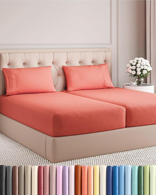 Split King Size 5 Piece Sheet Set - Comfy Breathable & Cooling Bed Sheets Set - Hotel Luxury Bedding for Women, Men, Kids, Teens, Boys & Girls - Deep Pockets, Soft and Wrinkle Free - Oeko-Tex - Coral