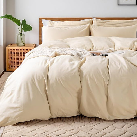 NEXHOME PRO Duvet Cover Set King Size Linen Look Textured Organic Natural 100% Washed Cotton Duvet Cover 3 Pieces Bedding Set with Zipper (No Comforter)