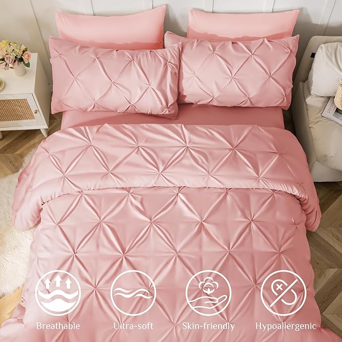 JOLLYVOGUE King Size Comforter Set 7 Pieces - Bed in a Bag King for All Season, Pintuck Bedding Comforter Sets with Comforter, Flat Sheet, Fitted Sheet and Pillowcases & Shams, Pink